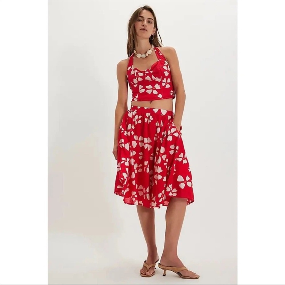 Free People $148 NWOT Red and White Floral Skirt Set